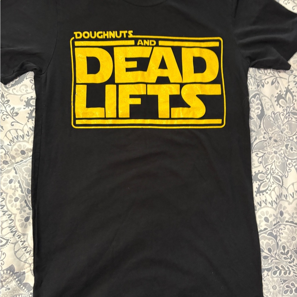 Doughnuts & Deadlifts Black Tee with Yellow Graphic